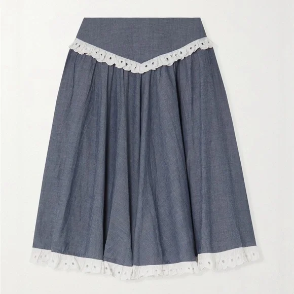 NWOT Batsheva Shirley Broderie Anglaise Cotton Eyelet Lace Chambray Peplum Skirt - Picture 4 of 17